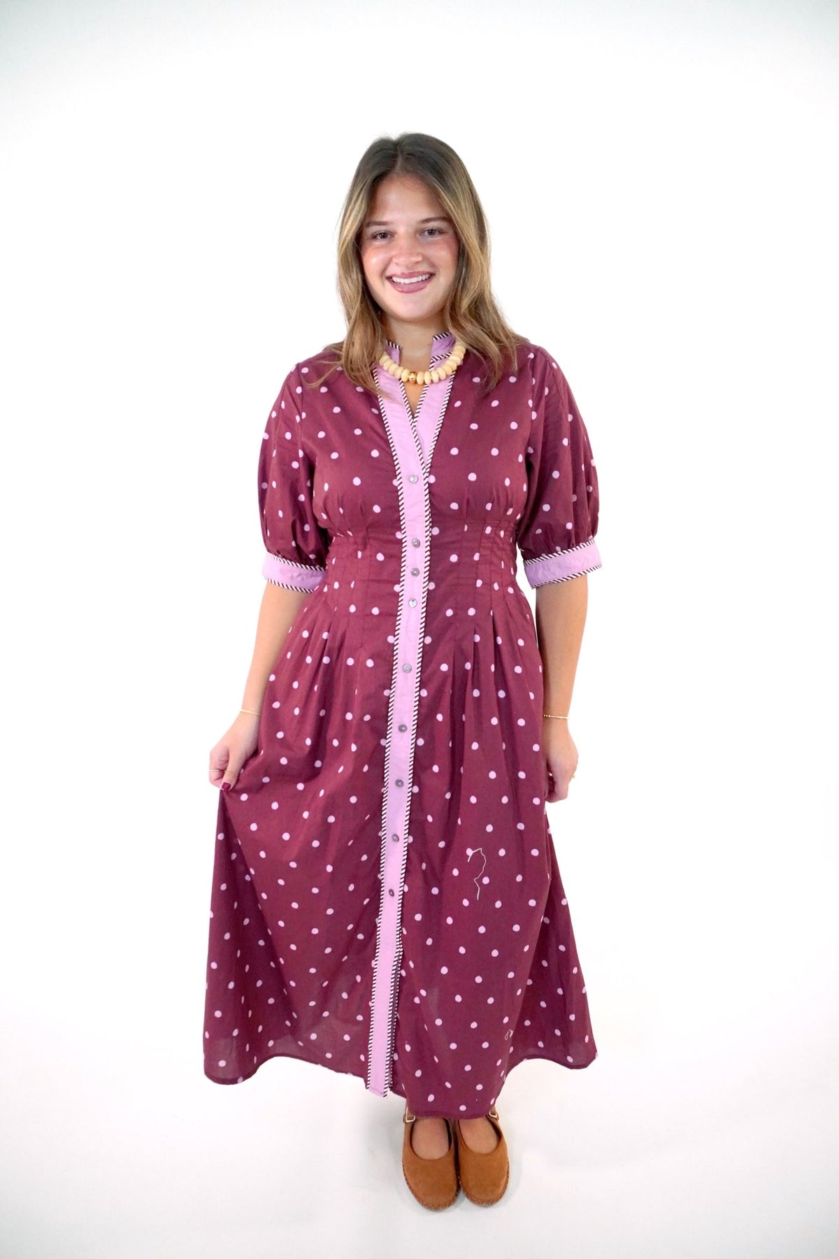 Polka Dot Contrast Trim Midi Dress In Burgundy - Anderson Ave boutique