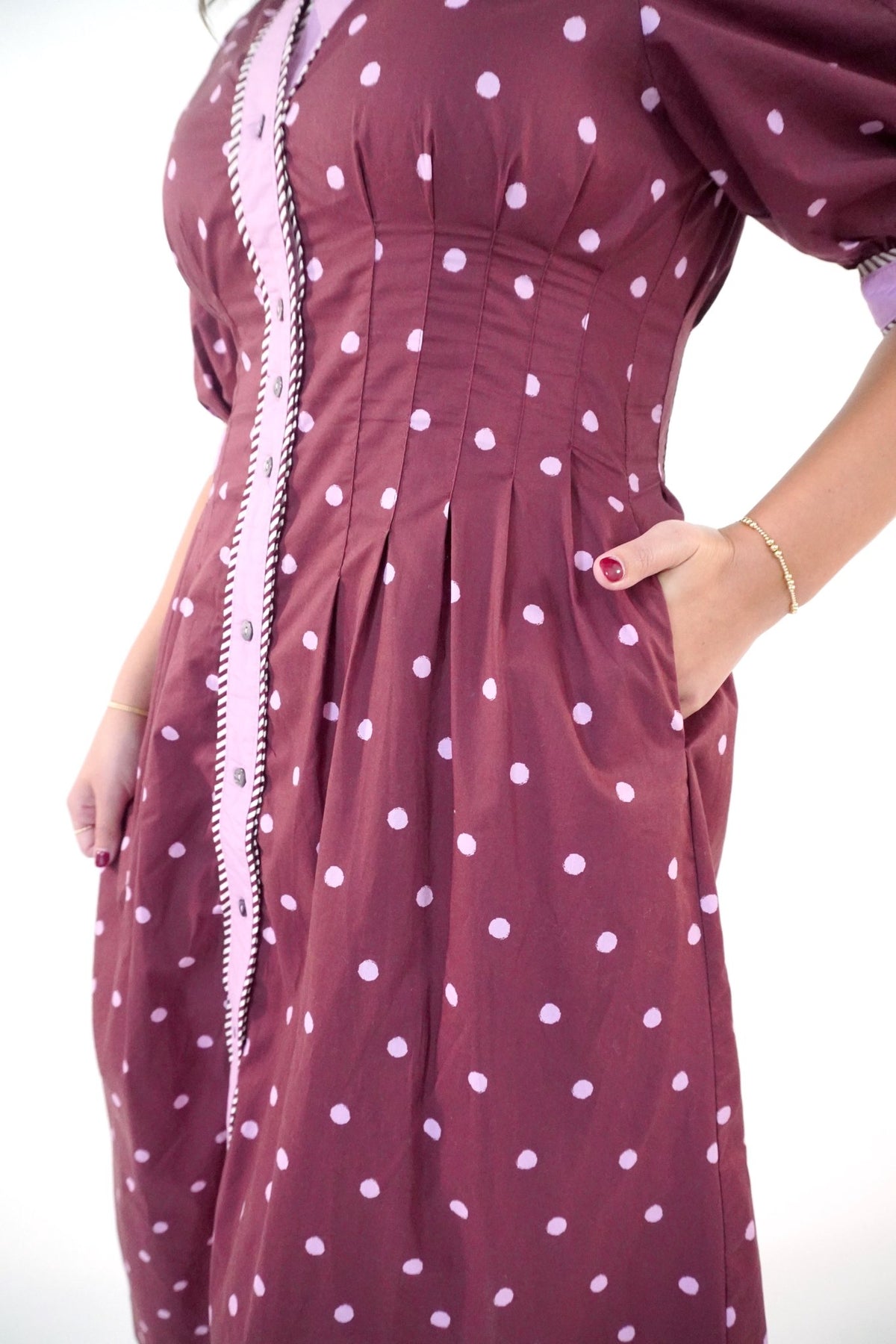 Polka Dot Contrast Trim Midi Dress In Burgundy - Anderson Ave boutique