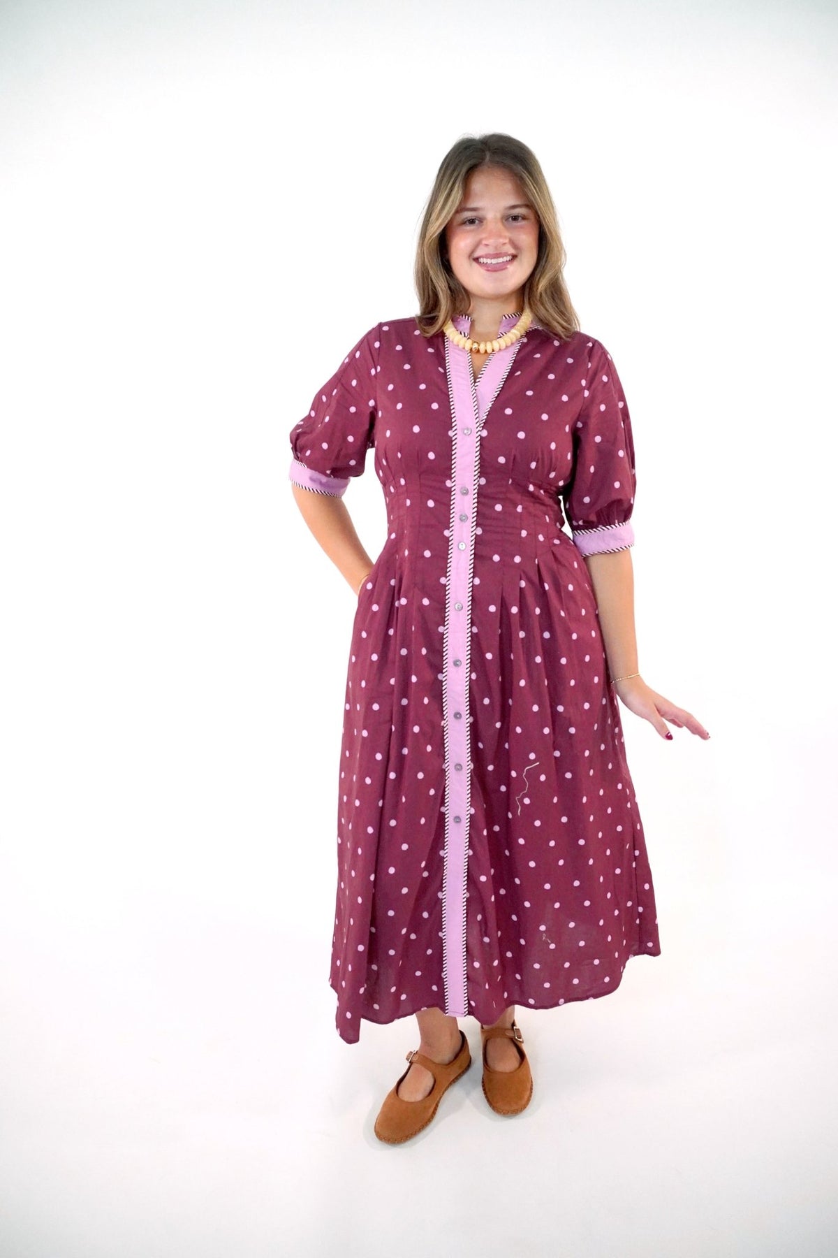 Polka Dot Contrast Trim Midi Dress In Burgundy - Anderson Ave boutique