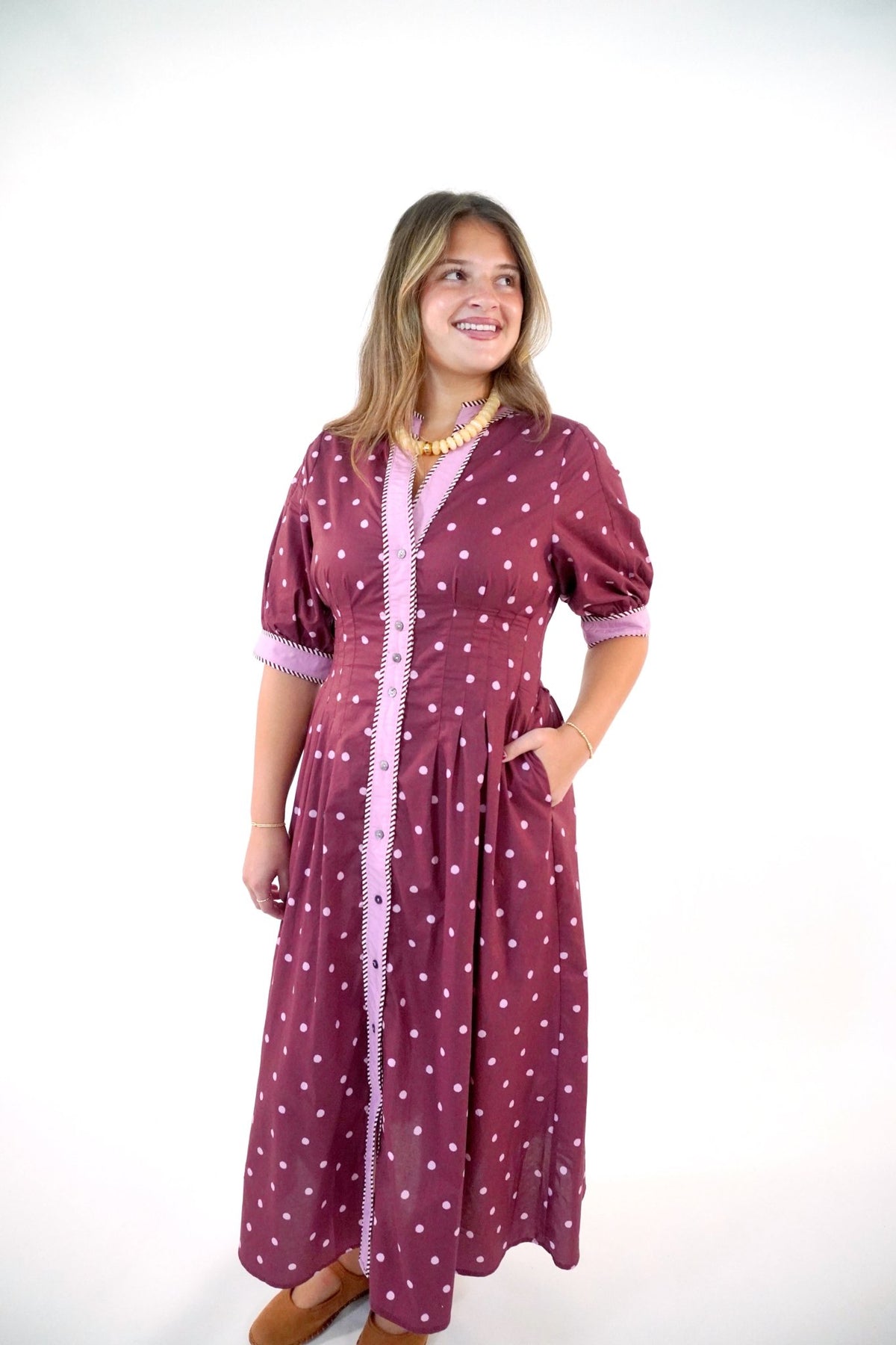 Polka Dot Contrast Trim Midi Dress In Burgundy - Anderson Ave boutique