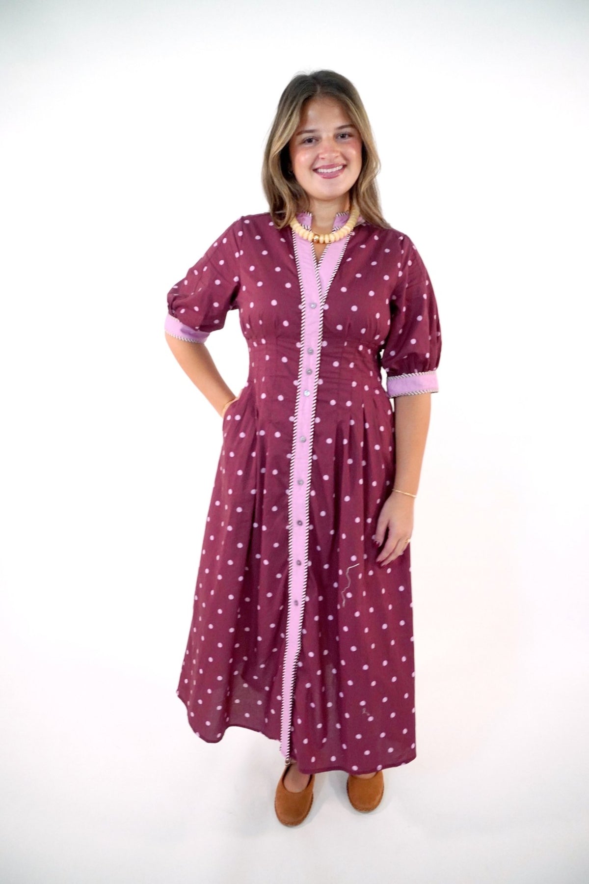 Polka Dot Contrast Trim Midi Dress In Burgundy - Anderson Ave boutique