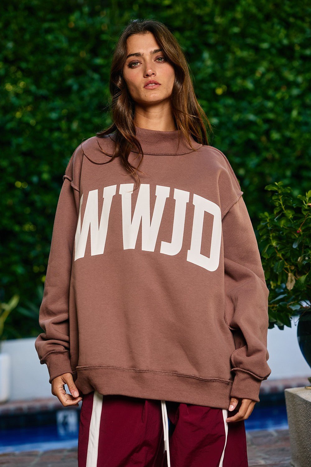 *** PRE- ORDER **. Brown WWJD + AMEN Reversible Mock Neck Sweatshirt - Anderson Ave boutique