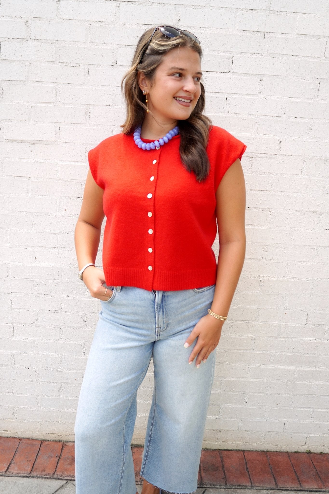 Red Button Front Sweater Vest - Anderson Ave boutique