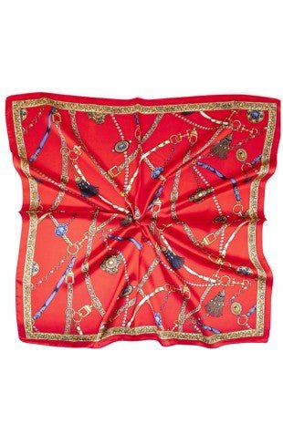 Red Victorian Tassel & Equestrian Belt Print Silk Square Scarf - Anderson Ave boutique