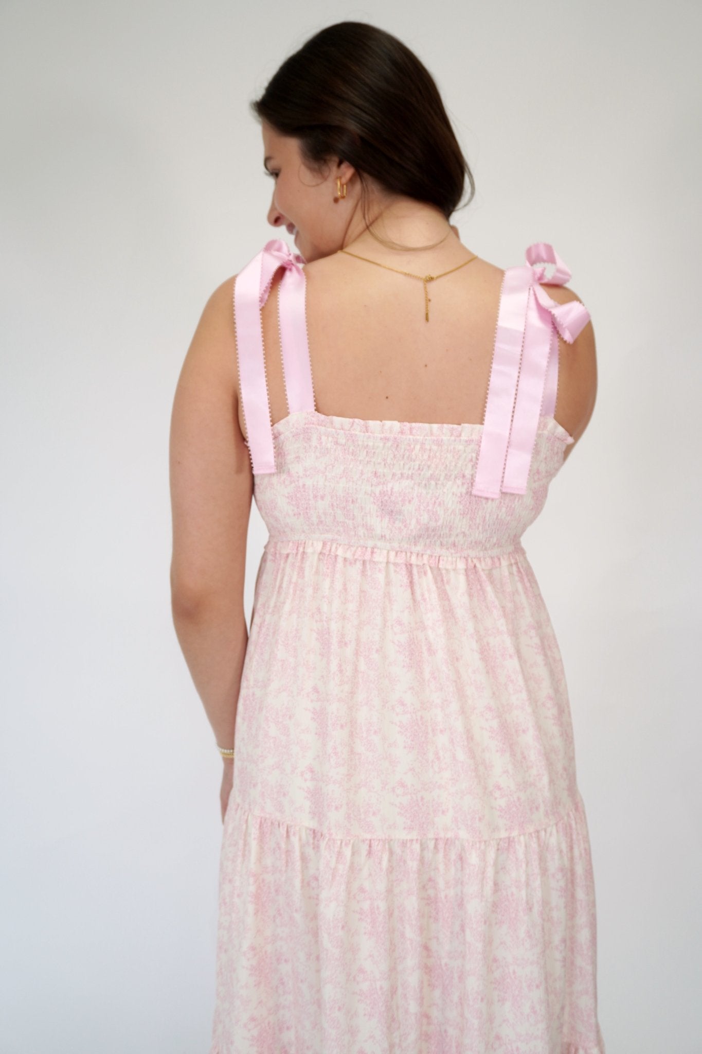 Rosalind Pink Floral Tiered Maxi Dress – Empire Waist & Ribbon Straps - Anderson Ave boutique