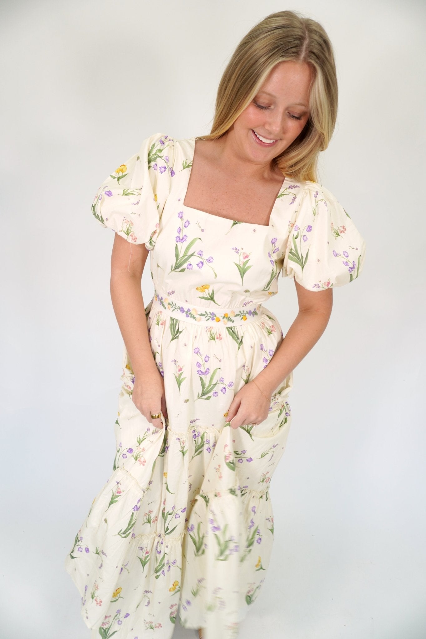 Seraphina Floral Tiered Midi Dress – Romantic Ruched Strap & Embroidered Waistband - Anderson Ave boutique