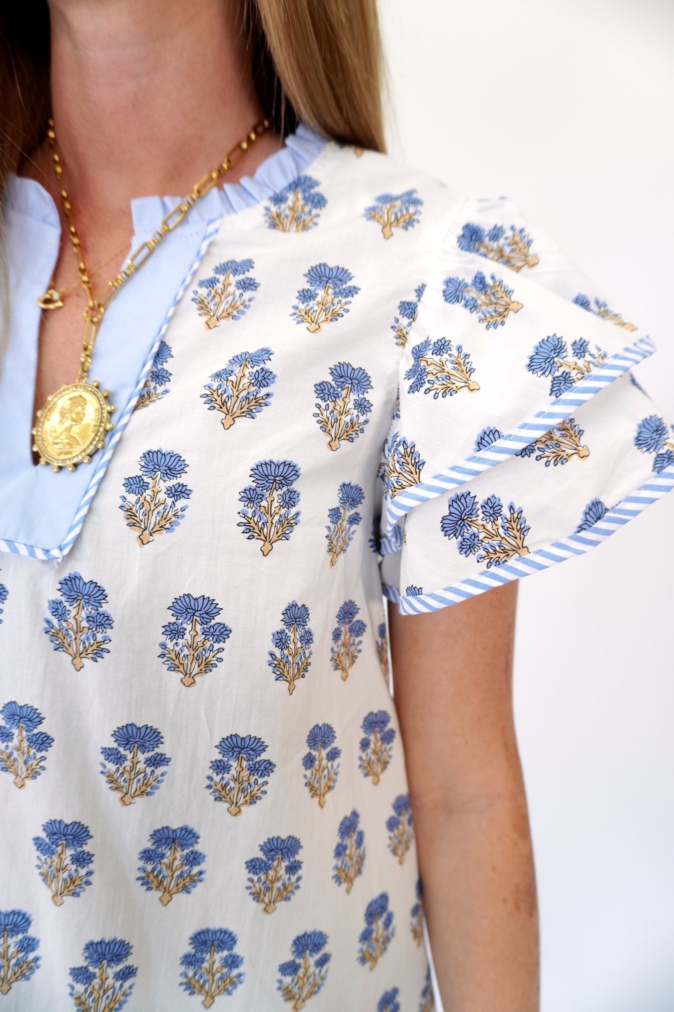 Serene Blue Floral Ruffle Sleeve Woven Blouse - Anderson Ave boutique