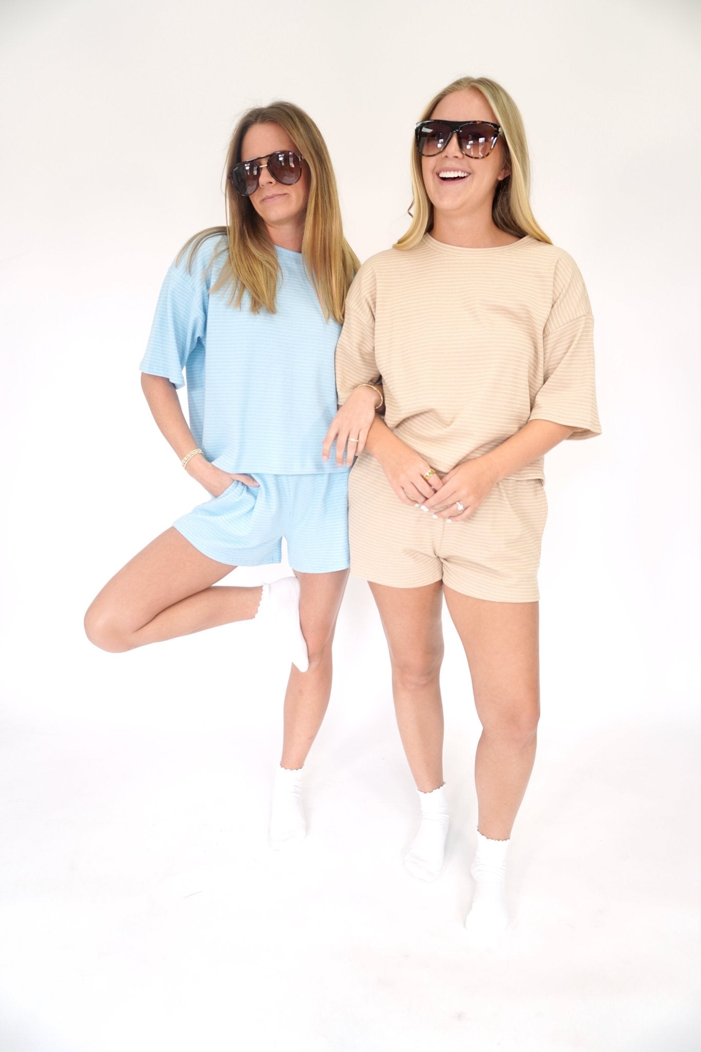 Sky Blue Striped Textured Cotton 2 - Piece Lounge Set - Anderson Ave boutique