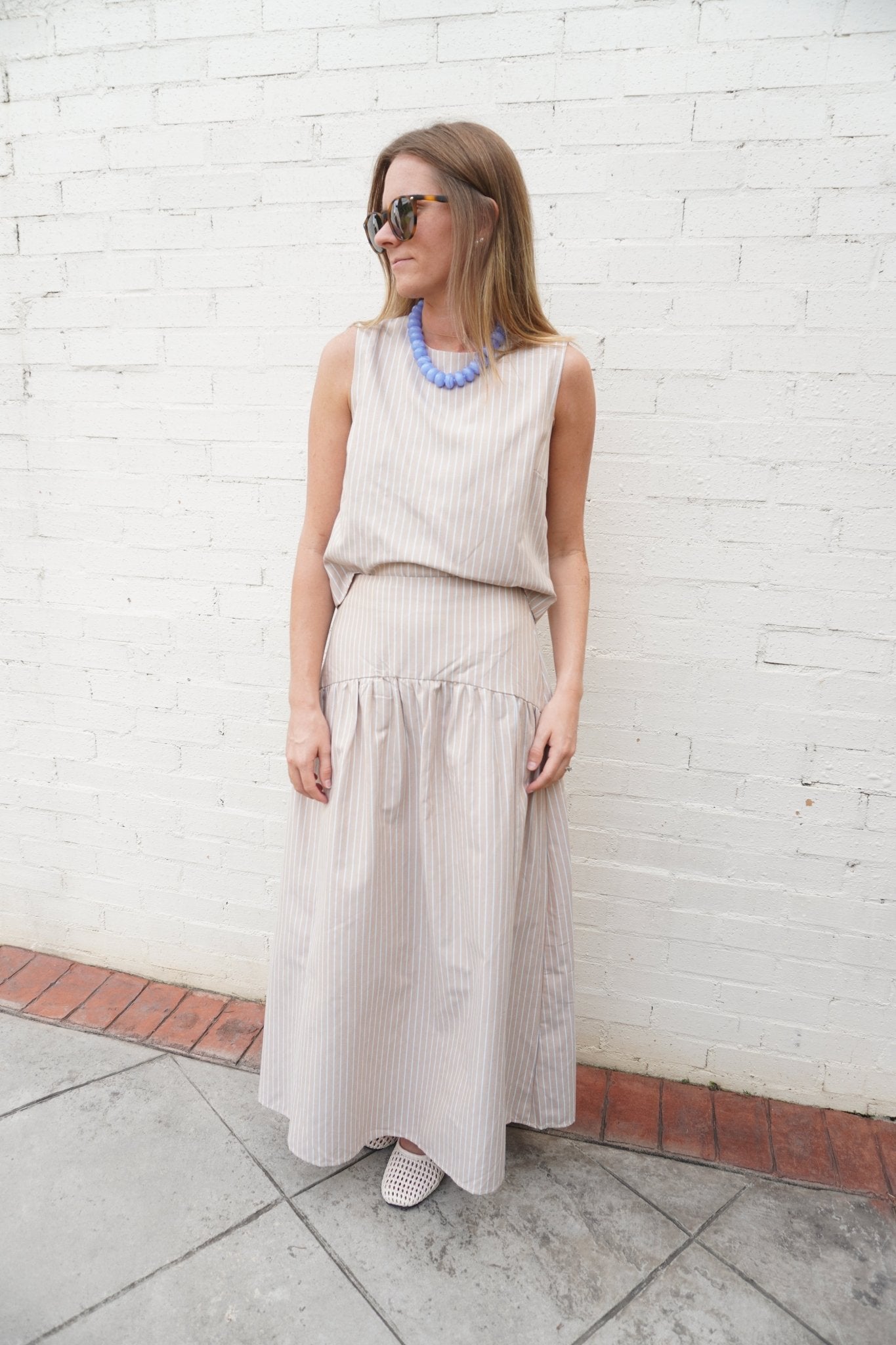 Taupe & Blue Pinstripe Drop Waist Maxi Skirt Matching Set - Anderson Ave boutique