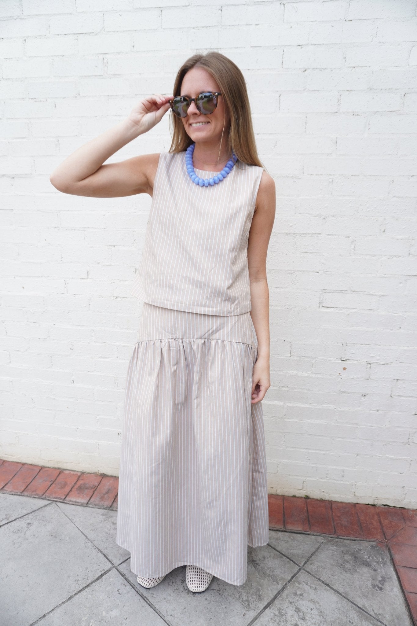 Taupe & Blue Pinstripe Drop Waist Maxi Skirt Matching Set - Anderson Ave boutique