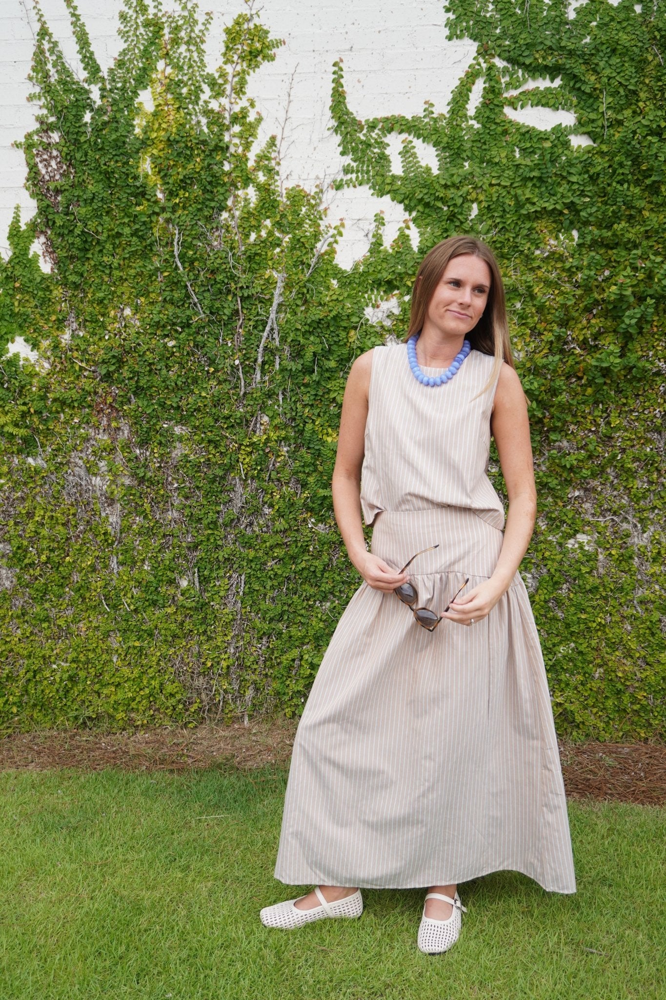 Taupe & Blue Pinstripe Drop Waist Maxi Skirt Matching Set - Anderson Ave boutique