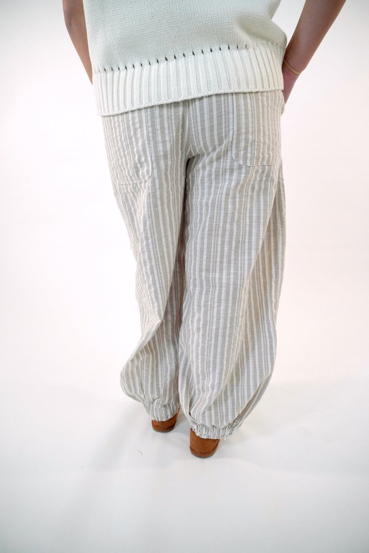 Taupe Striped Linen Blend Jogger Pant - Anderson Ave boutique