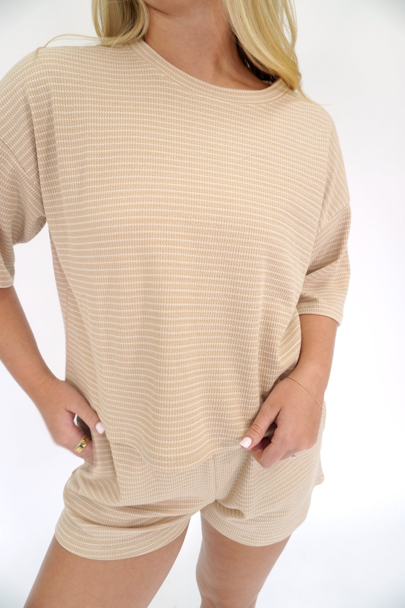 Taupe Textured Striped Crop Top & High - Rise Shorts Set - Anderson Ave boutique