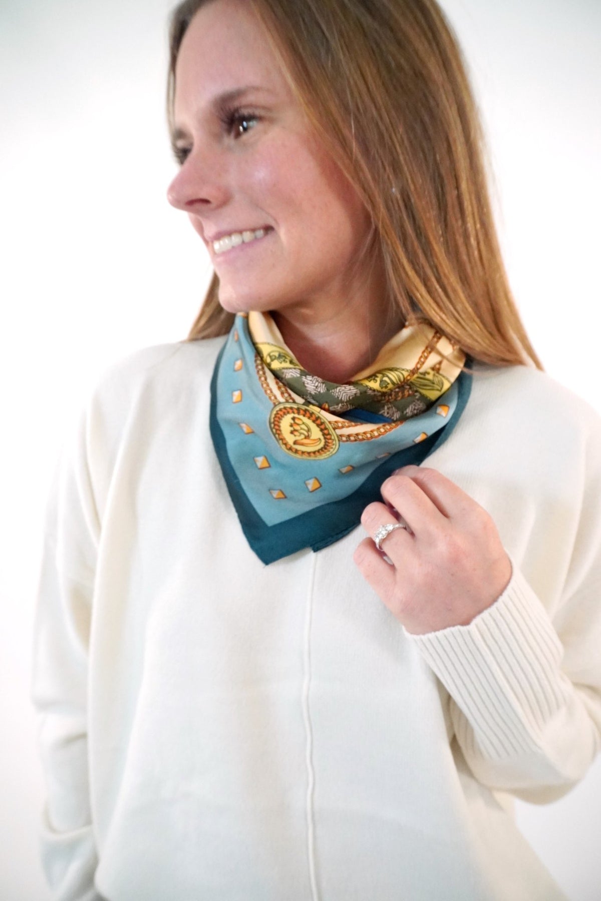 Teal and Blush Chain Print Satin Square Scarf - Anderson Ave boutique