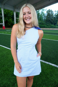 Vertical Stripes One Shoulder Bow Detail Dress - Navy / White - Anderson Ave boutique