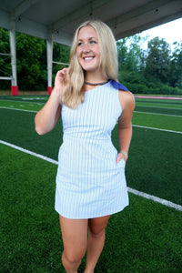 Vertical Stripes One Shoulder Bow Detail Dress - Navy / White - Anderson Ave boutique