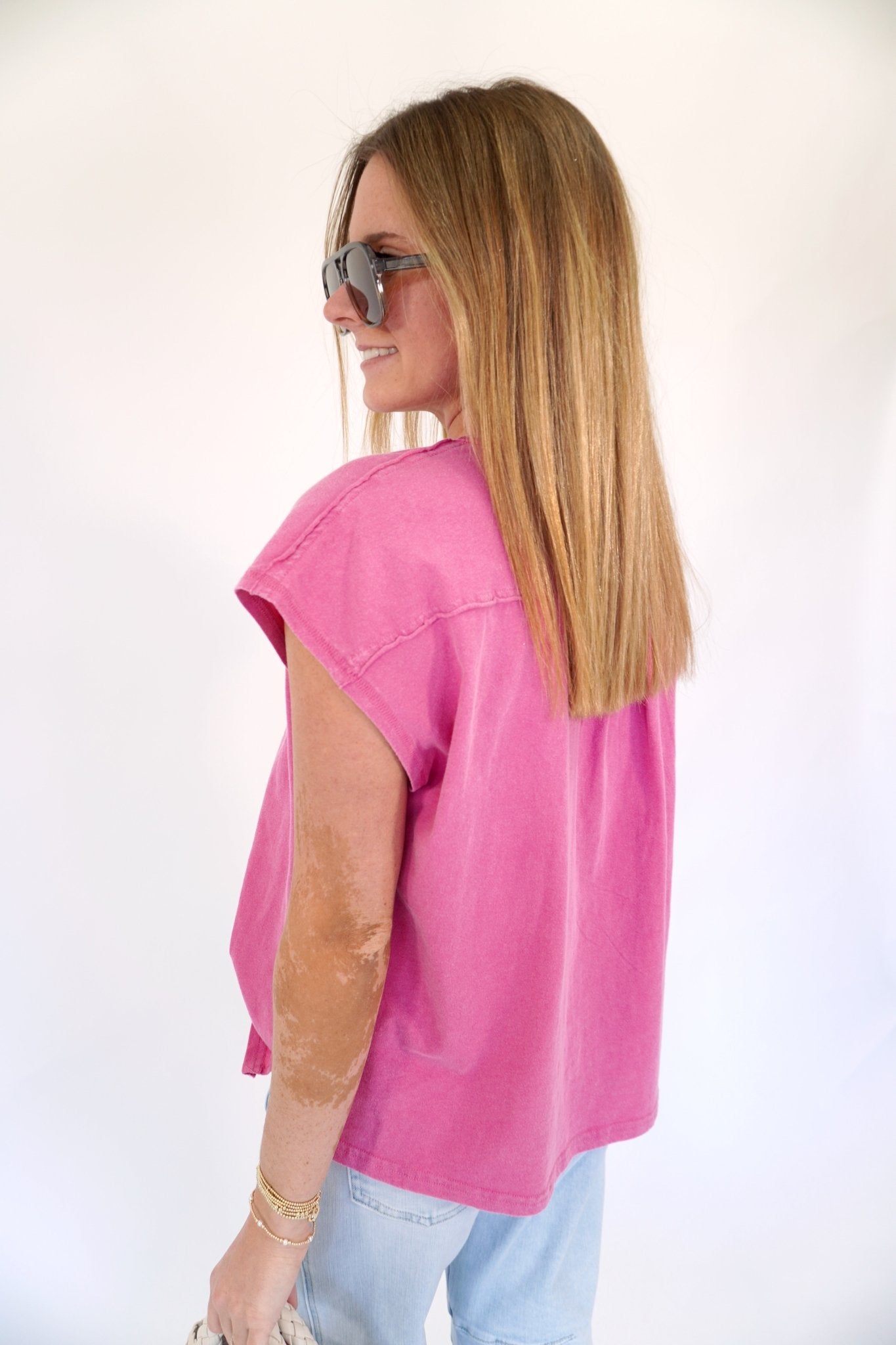 Vintage Wash Cotton Henley Cap Sleeve Top - Anderson Ave boutique