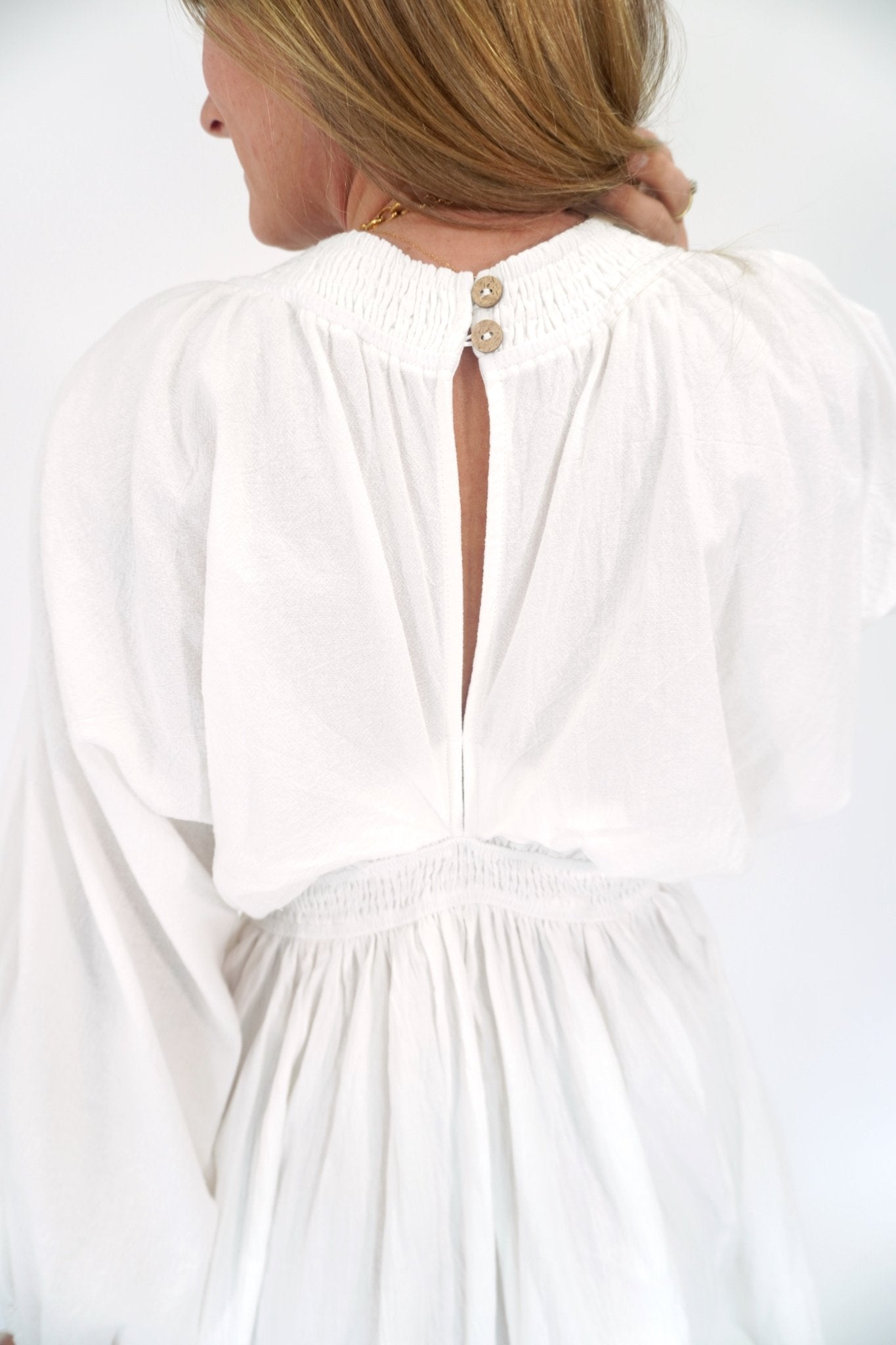 Willow Deep V - Neck Cotton Bishop Sleeve Mini Dress - Anderson Ave boutique