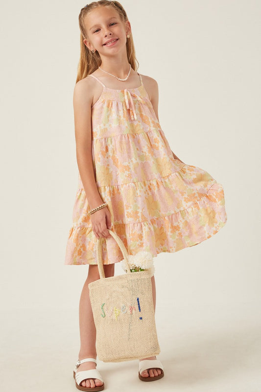 Front Tie Textured Floral Tiered Tank Dress