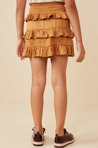 Tween mustard ruffle mini skirt styled with casual top for everyday outfit