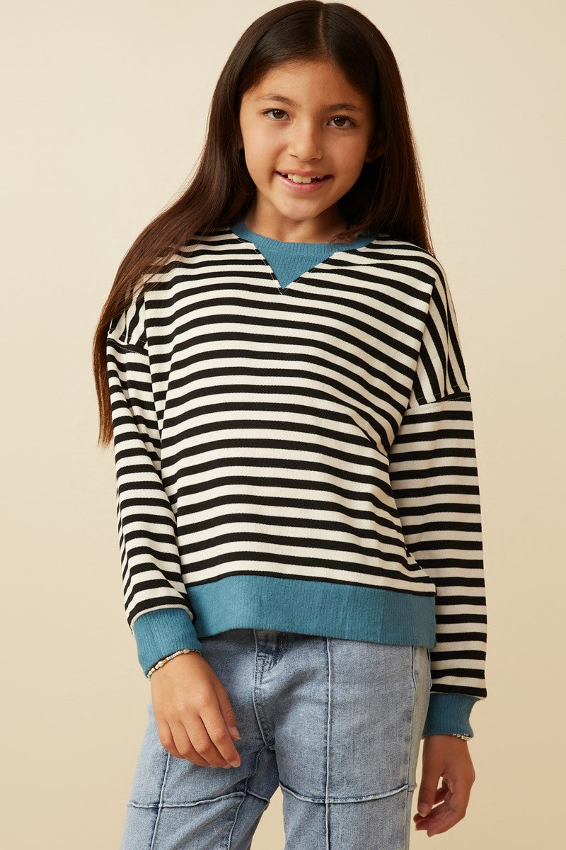 Tween Black, White, and Teal Striped Long Sleeve To