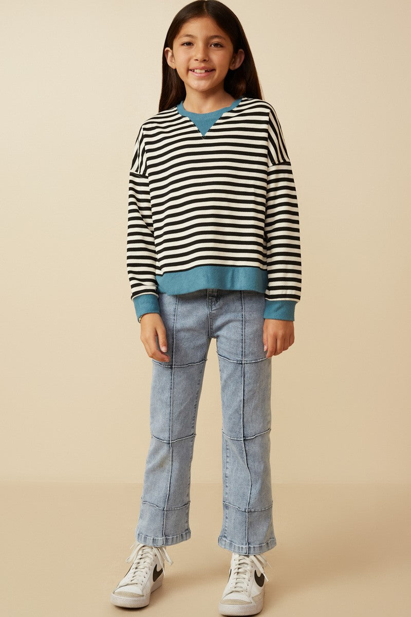 Tween Black, White, and Teal Striped Long Sleeve To