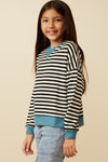 Tween Black, White, and Teal Striped Long Sleeve To