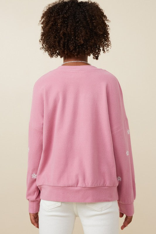 Brushed Texture Floral Embroidered Sweatshirt