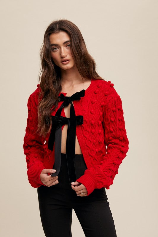 Bow Tie Closure Cable Knit Cardigan Red