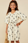 Tween Ivory Puff Sleeve Dress with Black Bow Print
