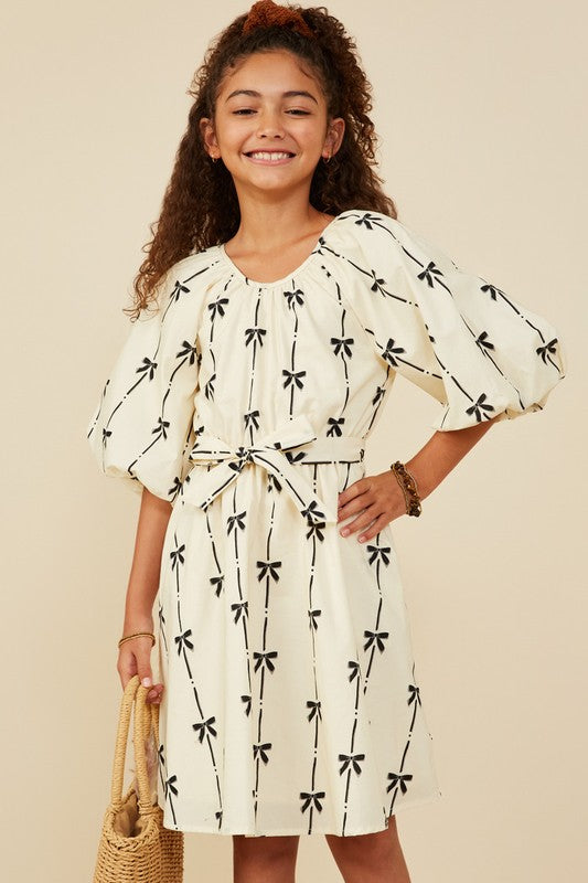 Tween Ivory Puff Sleeve Dress with Black Bow Print