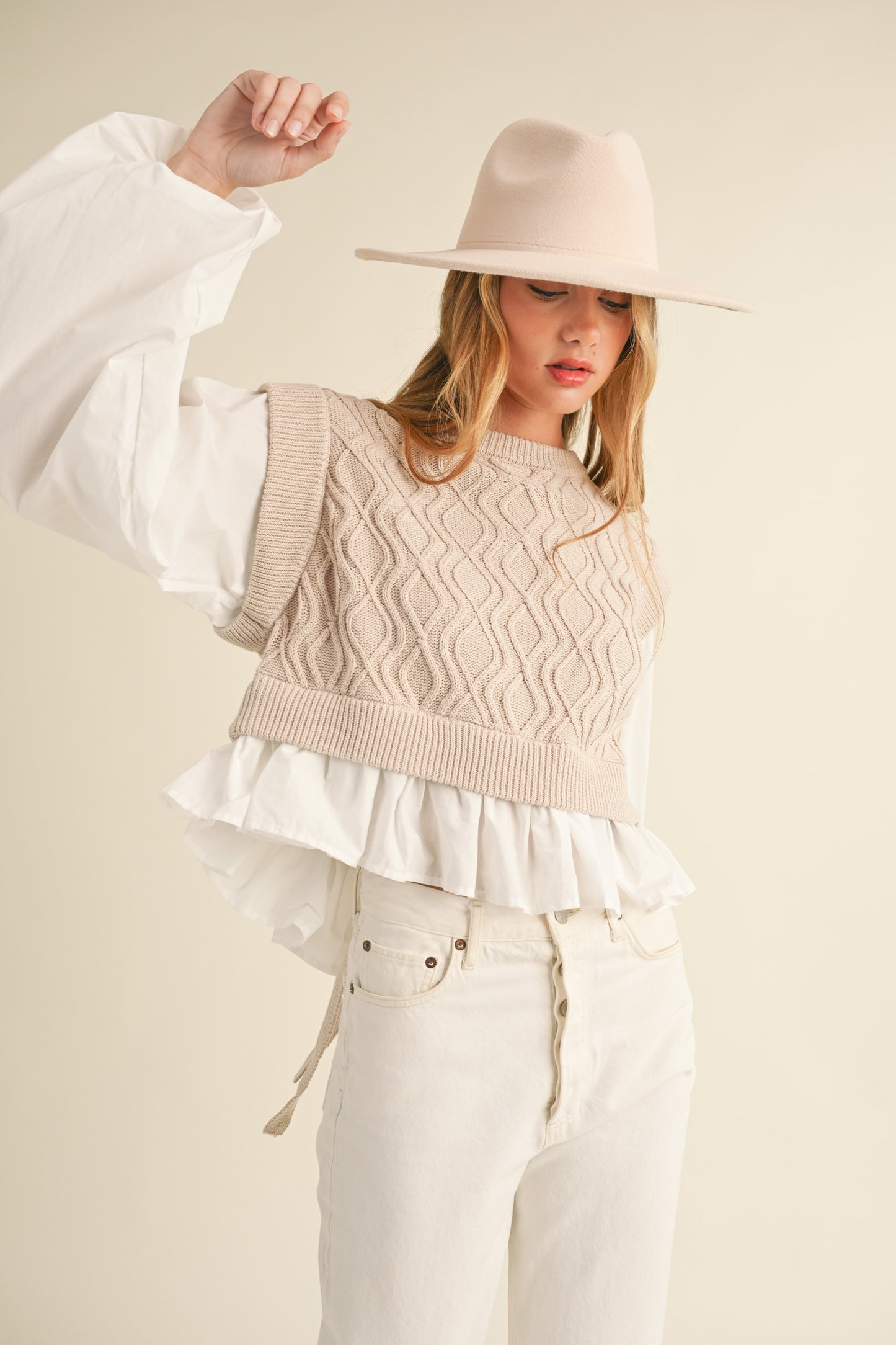 Sam Combination Sweater Vest Blouse - Taupe & White