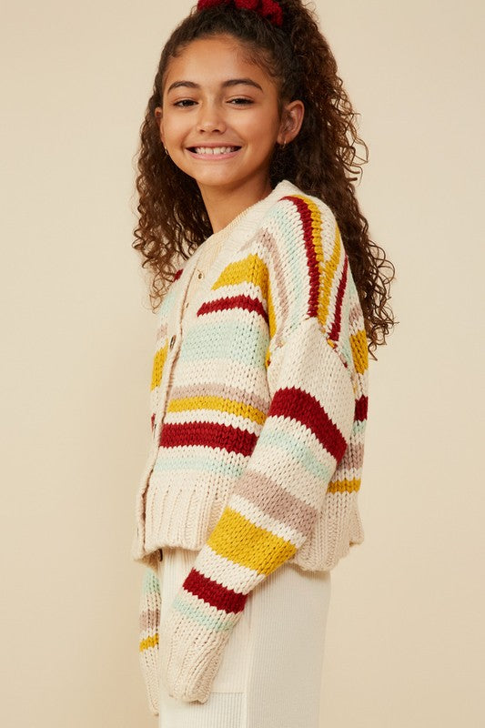 Tween Striped Knit Button-Up Cardigan