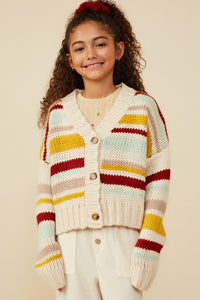 Tween Striped Knit Button-Up Cardigan