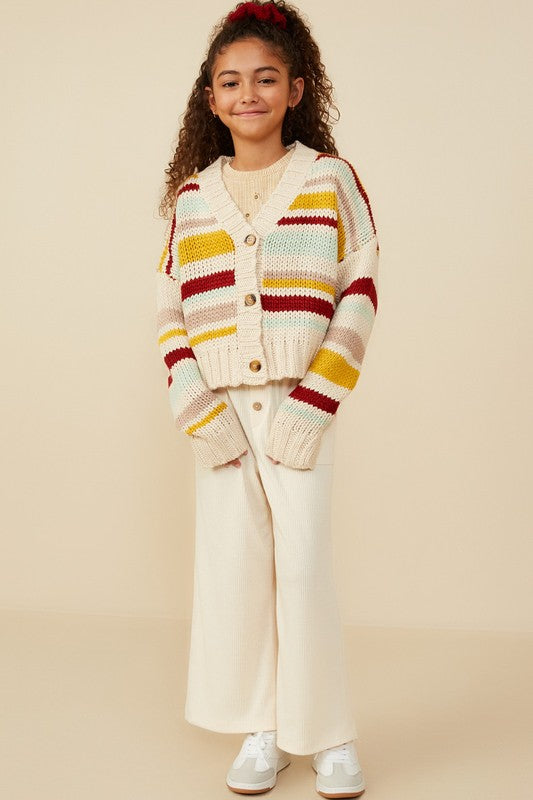 Tween Striped Knit Button-Up Cardigan