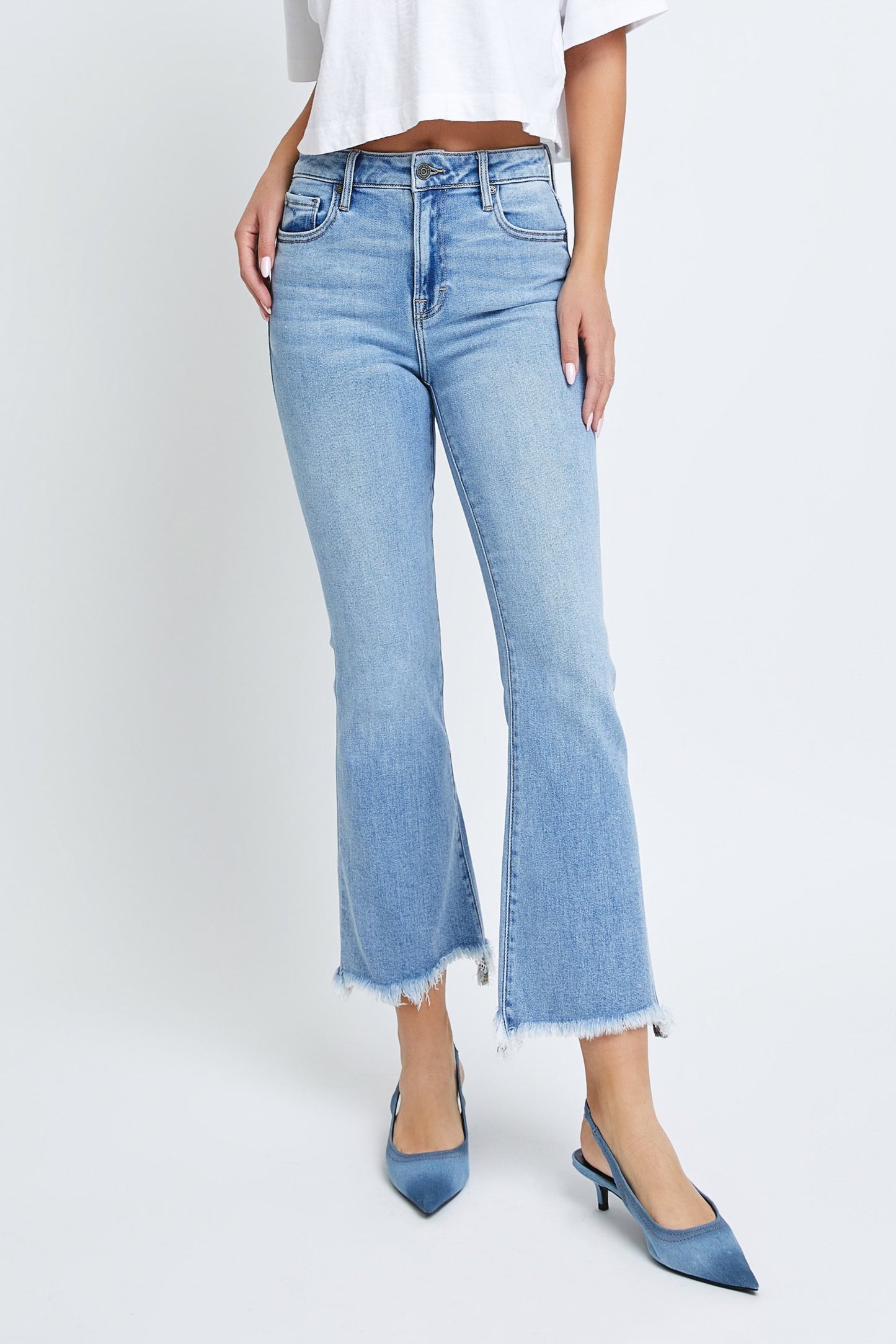 Medium Wash Clean Frayed Hem Stretch Crop Flare - Hidden Jeans