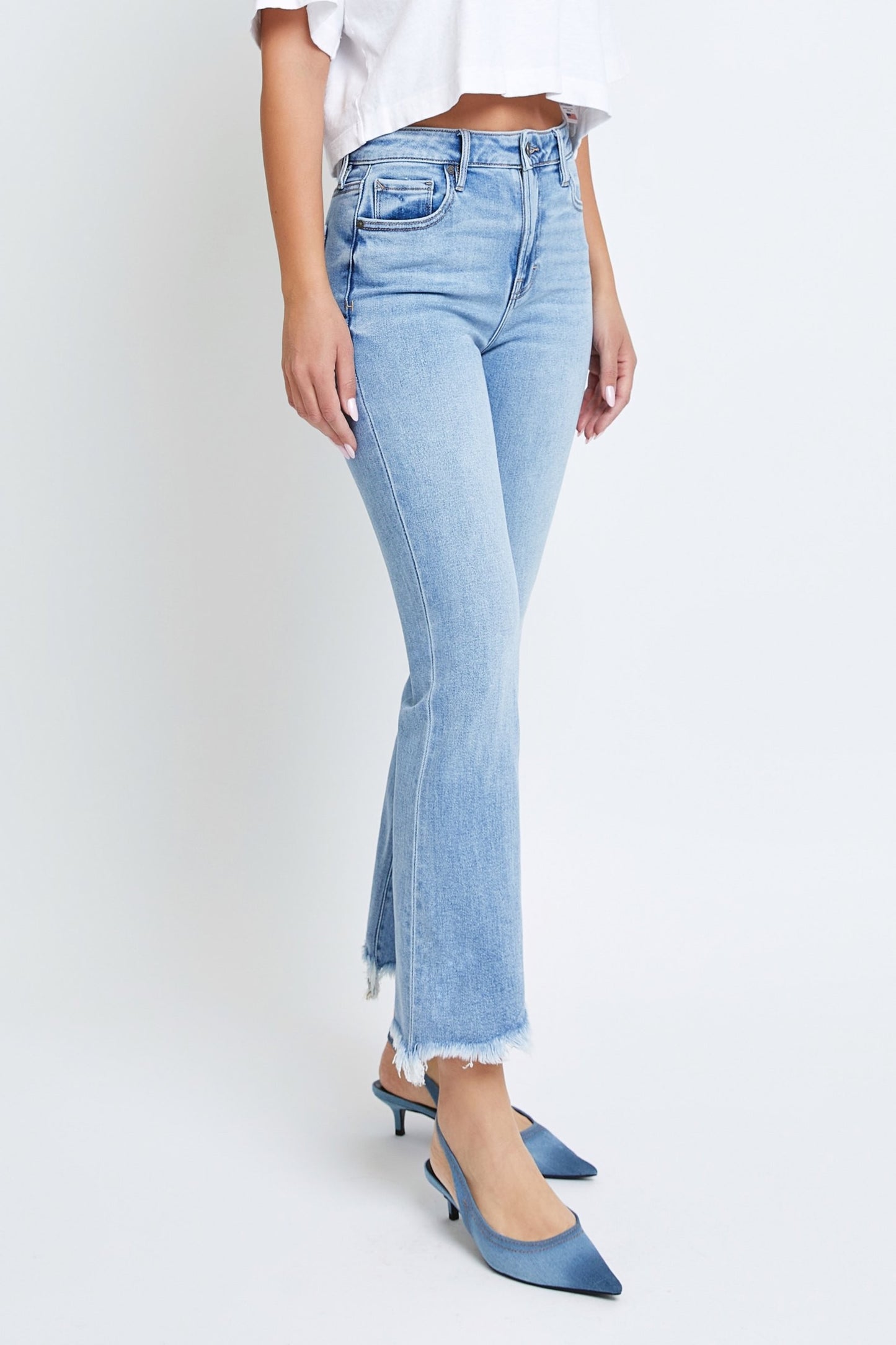 Medium Wash Clean Frayed Hem Stretch Crop Flare - Hidden Jeans