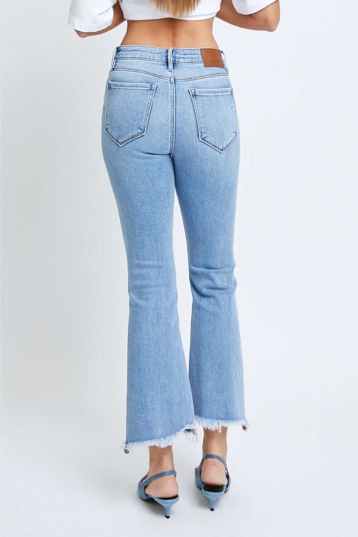 Medium Wash Clean Frayed Hem Stretch Crop Flare - Hidden Jeans back
