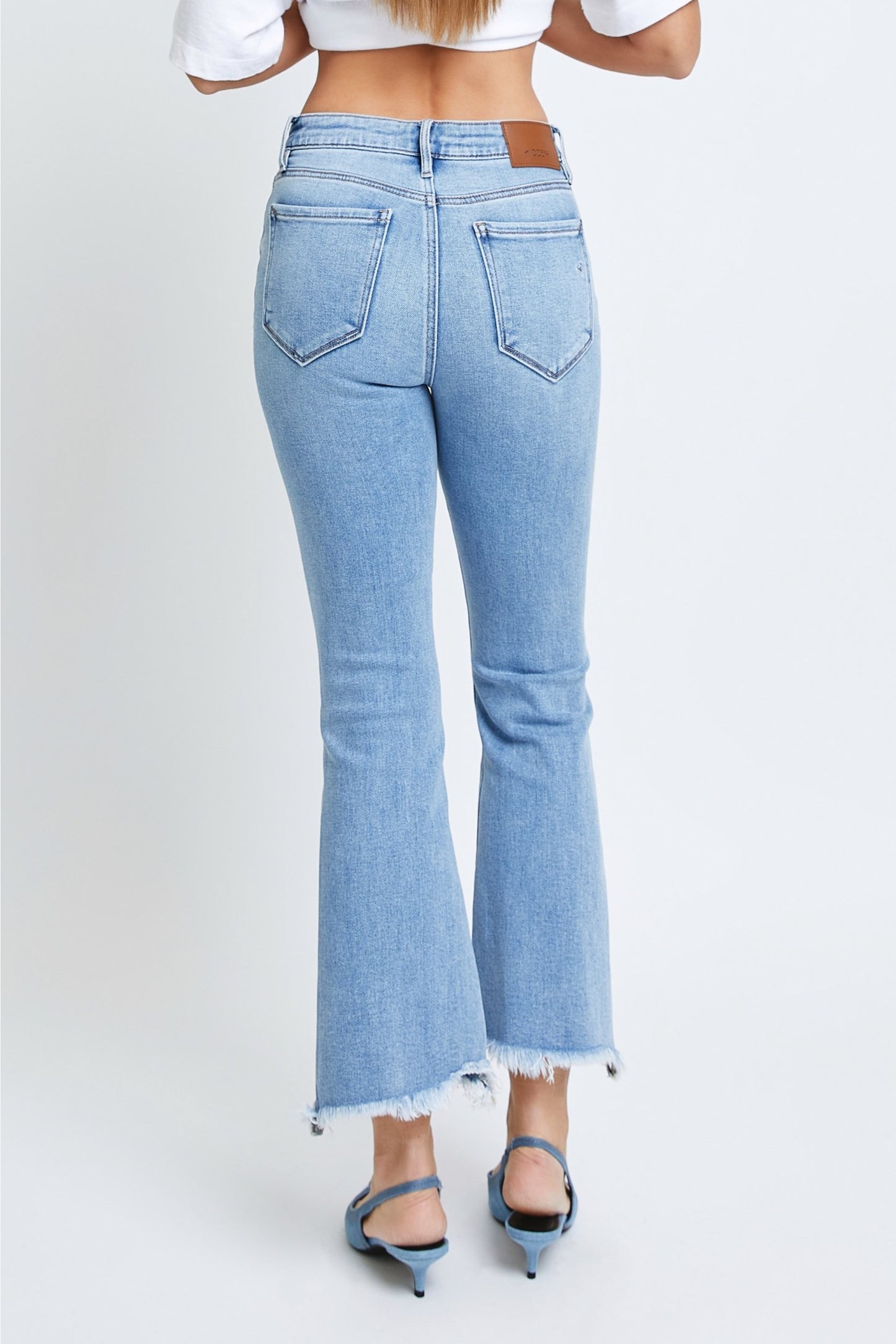 Medium Wash Clean Frayed Hem Stretch Crop Flare - Hidden Jeans