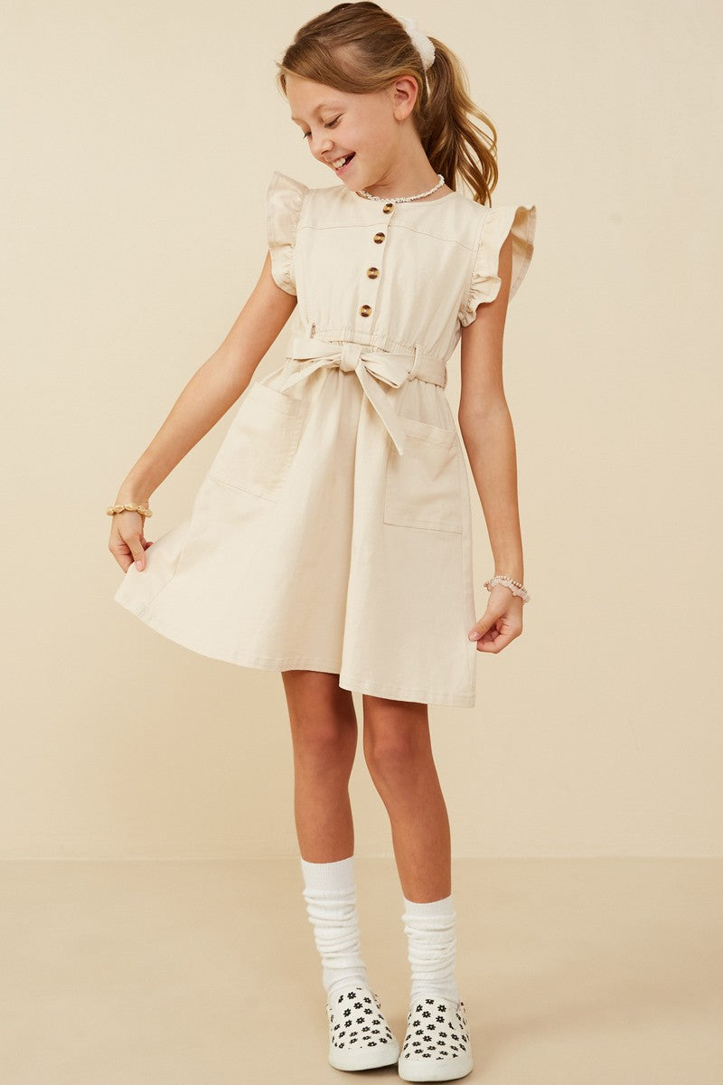 Tween Ruffle Sleeve Button-Front Belted Dress – Sandstone Beige