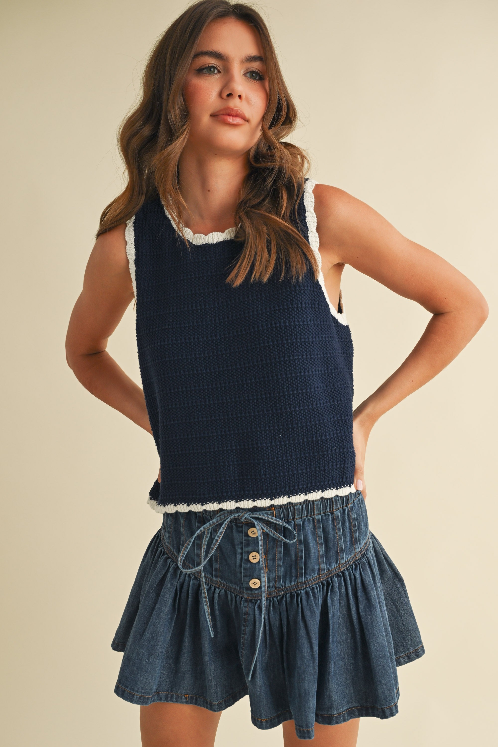 Contrast Scalloped Edge Knit Tank -Navy