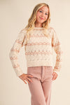 Front view of tween cream open-knit striped sweater with blush accents – Anderson Ave Boutique
