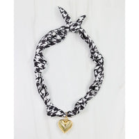 Black and White Houndstooth Scarf Necklace with Gold Heart Pendan