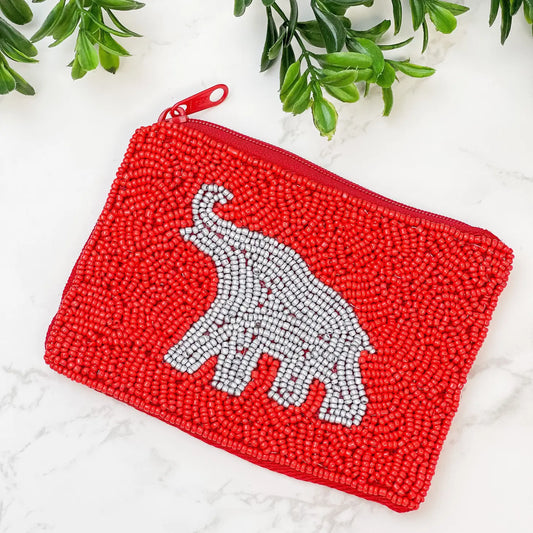 Elephant Beaded Zip Pouch - Red / Gray