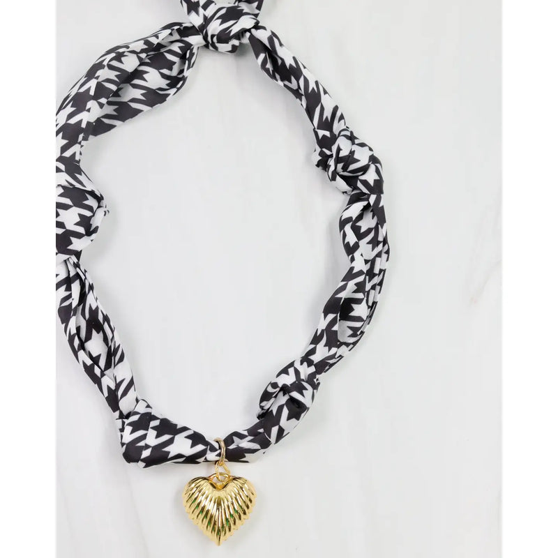 Black and White Houndstooth Scarf Necklace with Gold Heart Pendan