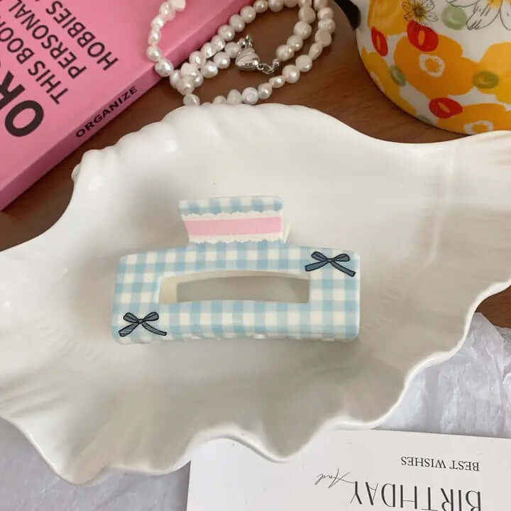 Blue Gingham Bow Hair Claw Clip – Pastel Checkered