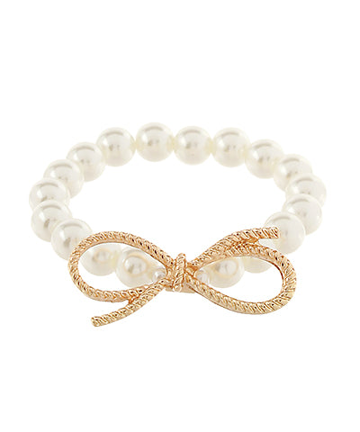 Beaded Pearl & Bow Metal Bracelet