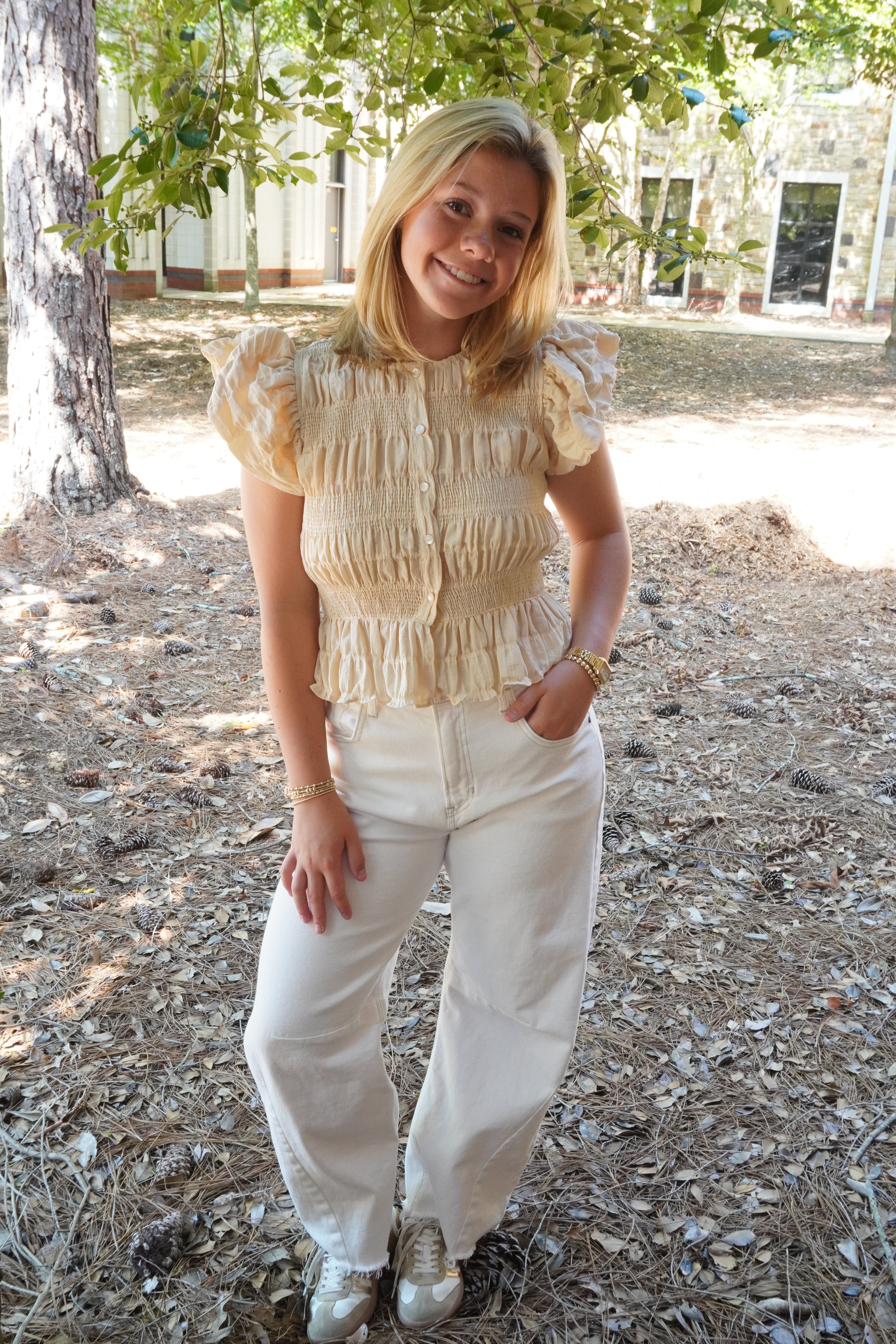 Textured Button Front Blouse Top - Cream