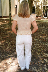Textured Button Front Blouse Top - Cream