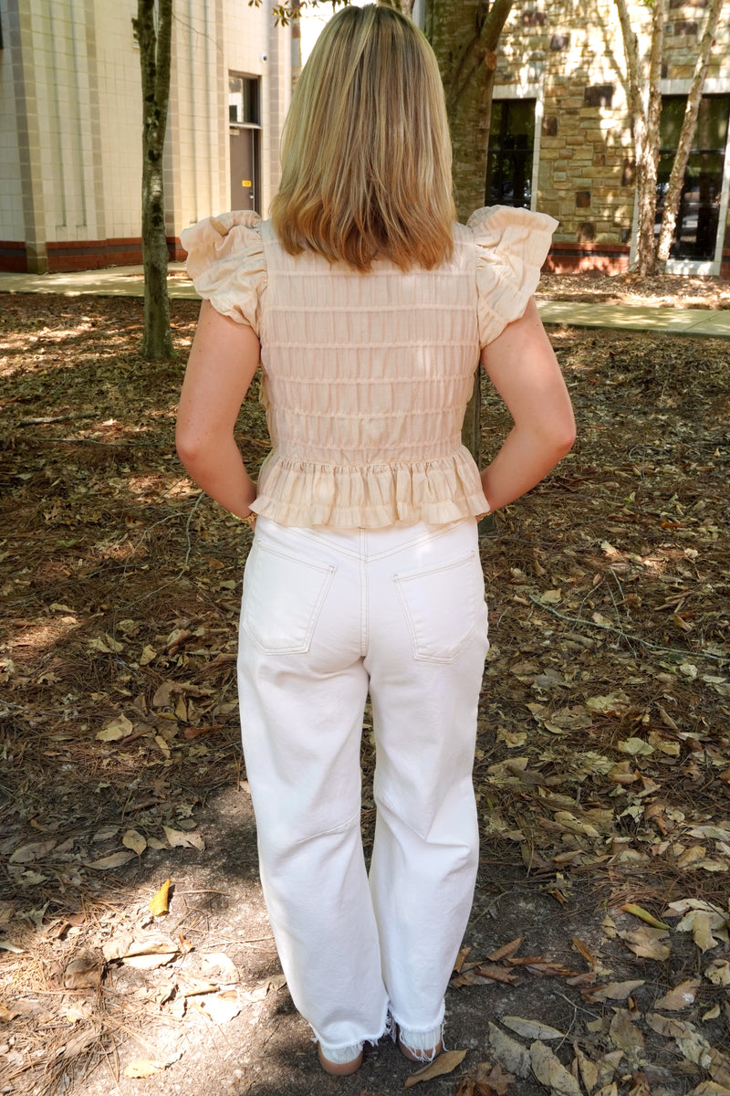 Textured Button Front Blouse Top - Cream